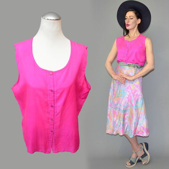 Vintage Silk Tank Top Shirt NEON Pink Electric Ps… - image 2