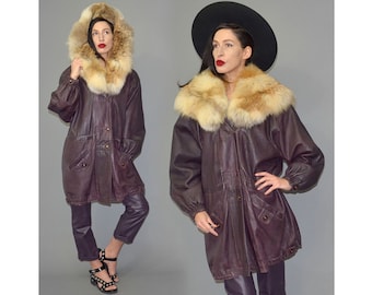 Vintage Aubergine Leather Shabby Oversize Draped Parka Shaggy Red Fox Fur Lined Hood Coat Anorak 80s Slouch Cape Drawcord Winter Jacket -XL