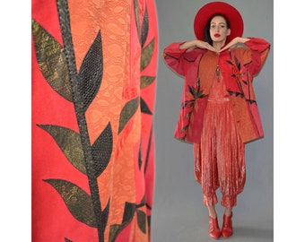 Vintage Jutta Blombach Couture Swinger Draped Trapeze Tent Flared Cape Jacket Floral Leaf Art Deco Embroidery Coat Suede Leather Oversize XL