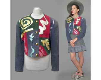 Vintage Fashion Crew Futuristic Harlequin Metallic Leather Patchwork Jacket Cropped Biker Studded Trophy Shrug Bolero Suede 90s Rave Lamé XL