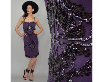 Vintage Ella Singh Cocktail Rara Charleston 80s-does-20s Party Dress Rhinestone Embellished Crystal Beaded Robe New Year's Eve Silk Gown S