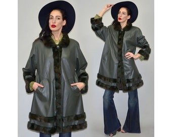 Vintage Real Mink Green Dyed Fur Couture Swing Draped Trapeze Flared Tent Jacket Coat Bell Kimono Cape Glam Inlaid Stripe Duster Geometric L
