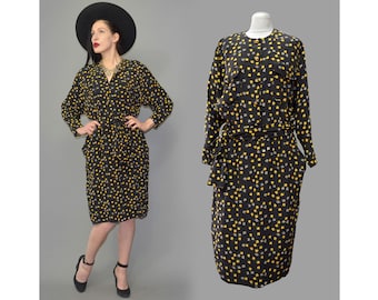 vintage ES Modelle Soie Coeur Pendentif Polka Dot Écharpe Ceinture Wiggle Wrap Shift Secrétaire Robe Empire Perlée Robe Robe Années 80 Tunique Poches XXL