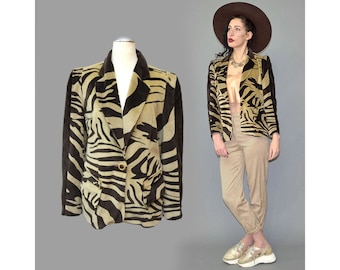 Vintage RENZO Designer Safari Zebra Trophy Blazer Jacket Business Sports Frock Coat Blazer Suit Tailored Beaded Button Tuxedo Stripe Velvet