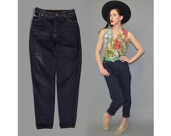 Vintage Escada Margaretha Ley ONE Emblem Paspeln Gestickte Mom Jeans Taschen Midnight Blue Denim High Waist Cotton Canvas 80s Designer M 38