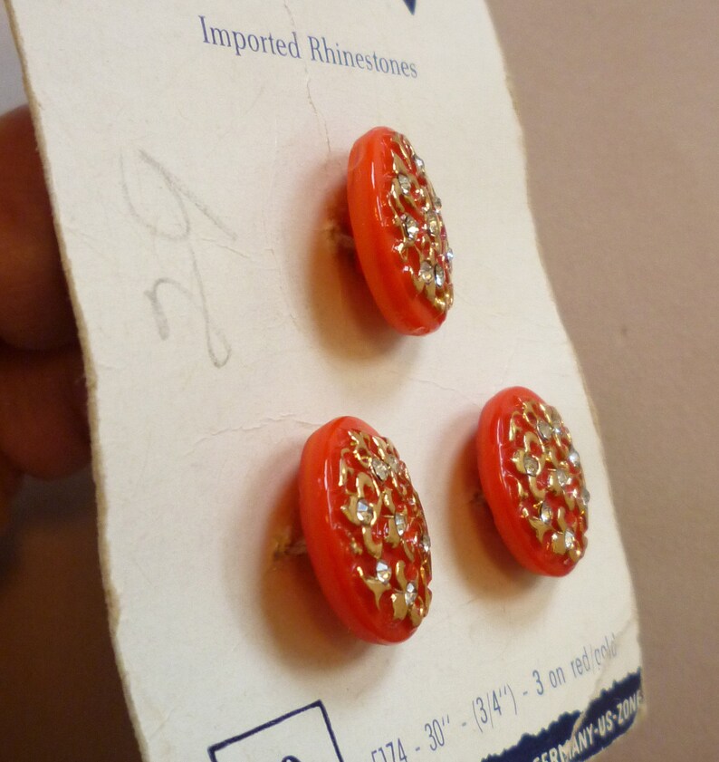 34 inch 3 on Store Card 3 Red Glass with Gilt and Paste Buttons on Original Store Card Excellent Condition NOS circa 1950