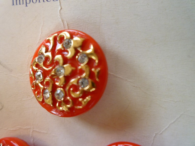 34 inch 3 on Store Card 3 Red Glass with Gilt and Paste Buttons on Original Store Card Excellent Condition NOS circa 1950