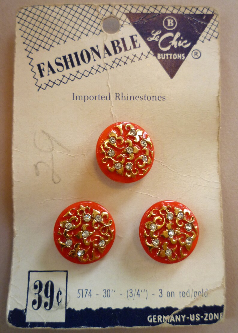 34 inch 3 on Store Card 3 Red Glass with Gilt and Paste Buttons on Original Store Card Excellent Condition NOS circa 1950
