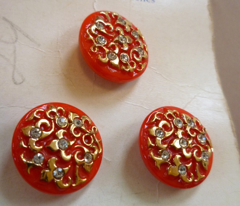 34 inch 3 on Store Card 3 Red Glass with Gilt and Paste Buttons on Original Store Card Excellent Condition NOS circa 1950