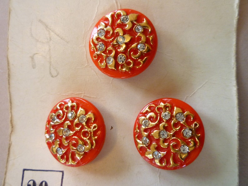 34 inch 3 on Store Card 3 Red Glass with Gilt and Paste Buttons on Original Store Card Excellent Condition NOS circa 1950
