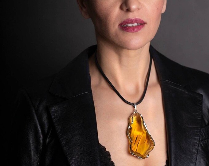 Baltic Amber Pendant. Elegant pendant. Designer pendant. Substantial pendant. Artistic pendant. Unique jewelry. Genuine amber. Modern.