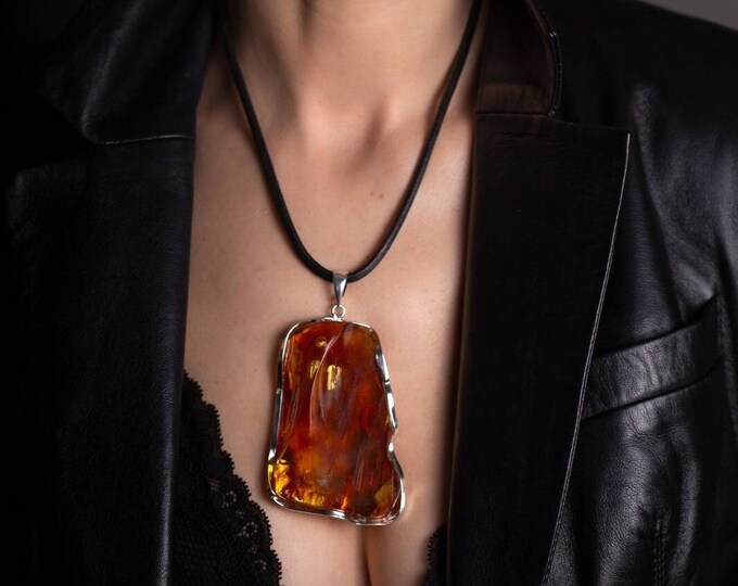 Baltic Amber Pendant. Elegant pendant. Designer pendant. Substantial pendant. Artistic pendant. Unique jewelry. Genuine amber. Modern.