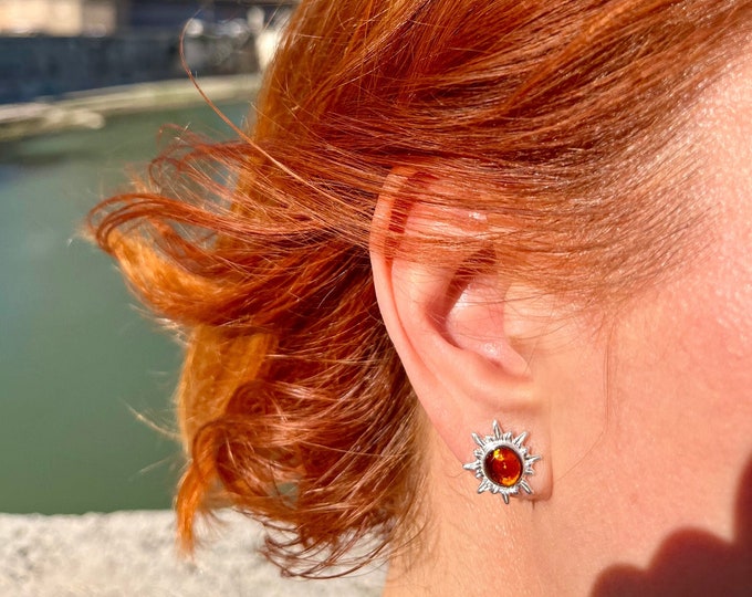 Amber & Silver. Contemporary earrings. Designer studs. Sterling silver. Perfect gift. Amber jewelry. Sun design studs. Artistic jewelry.