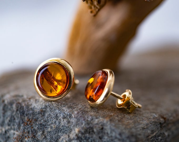 Amber & Gold. Contemporary earrings. Designer studs. Golden earrings. Perfect gift. Amber jewelry. Elegant studs. Artistic. Genuine amber.