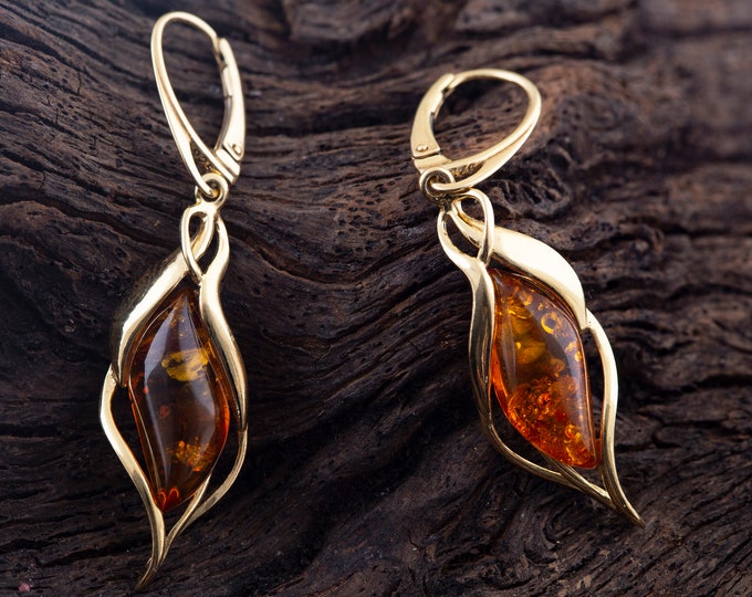 Amber & Gold. Baltic amber earrings. Gold earrings. Long earrings. Perfect gift for her. Amber jewelry. Handmade jewelry. Lever back.