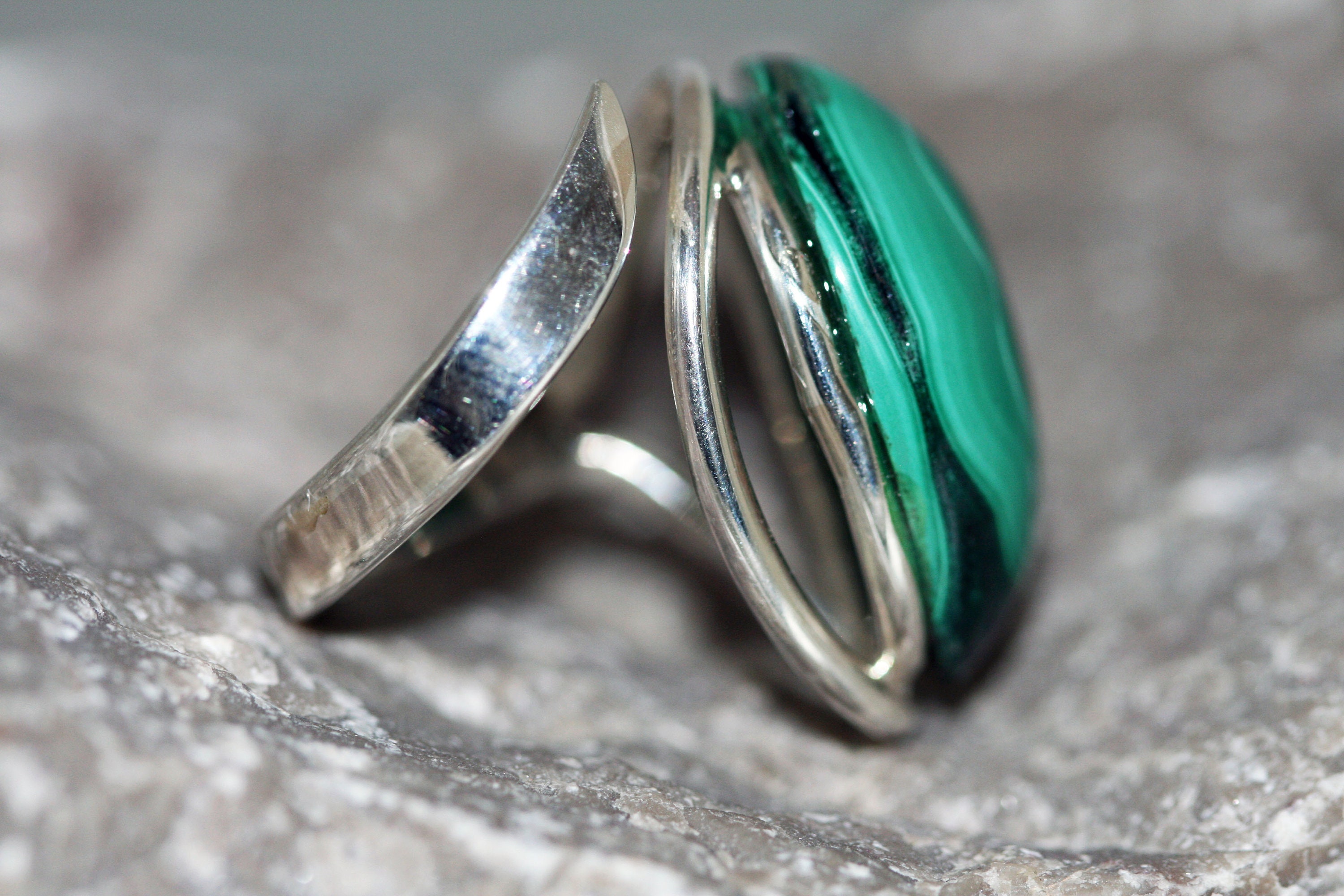 Malachite Ring fitted in sterling silver setting. Silver ring,