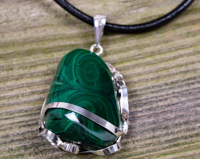 Malachite Pendant in Sterling Silver. Designer pendant. Unique. Elegant pendant. Contemporary jewelry. Malachite jewelry. Genuine malachite.