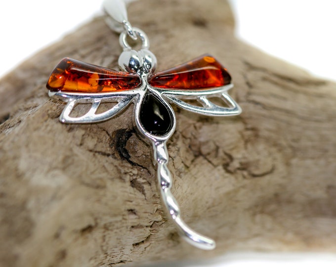 Dragon fly pendant. Whitby Jet and Amber pendant. Sterling Silver Pendant. British jewellery. Contemporary jewelry. Genuine Whitby Jet.