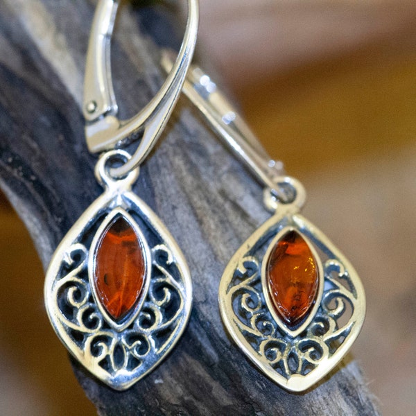 Amber Earrings in a Sterling Silver. Large silver earrings. Perfect gift. Designer earrings. Unique earrings. Celtic earrings.