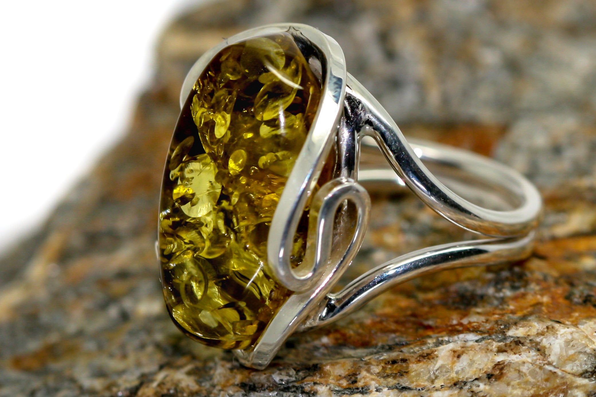 Baltic amber ring. Green Baltic amber & sterling silver, unique ring