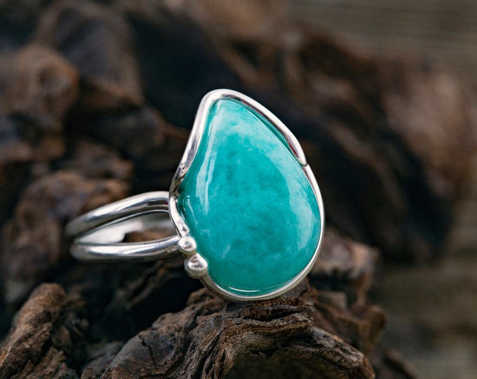 Amazonite fitted in sterling silver setting. Artistic ring. Big ring. Statement ring. Amazonite ring. Designer jewelry. Contemporary ring