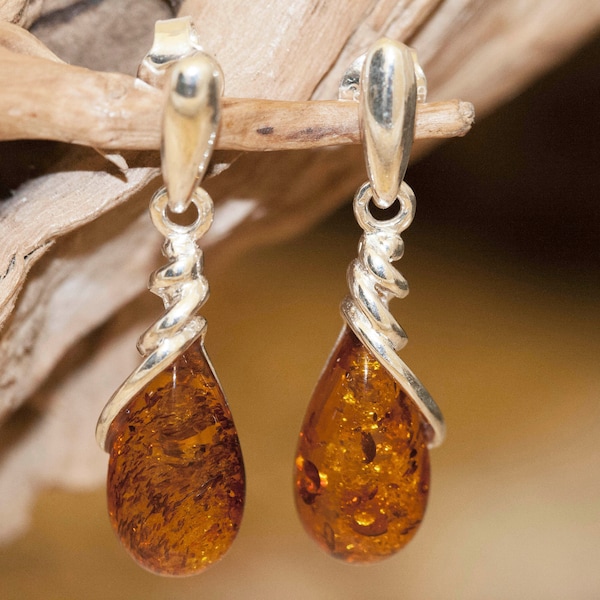 Baltic Amber Earrings fitted in a Sterling Silver setting. Big silver earrings, amber stone. Perfect gift. Amber jewellery, cognac amber