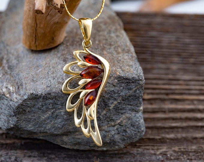 Amber & Gold. Angel Wing amber pendant. Golden pendant. Perfect gift. Elegant pendant. Contemporary pendant. Designer pendant. Unique.
