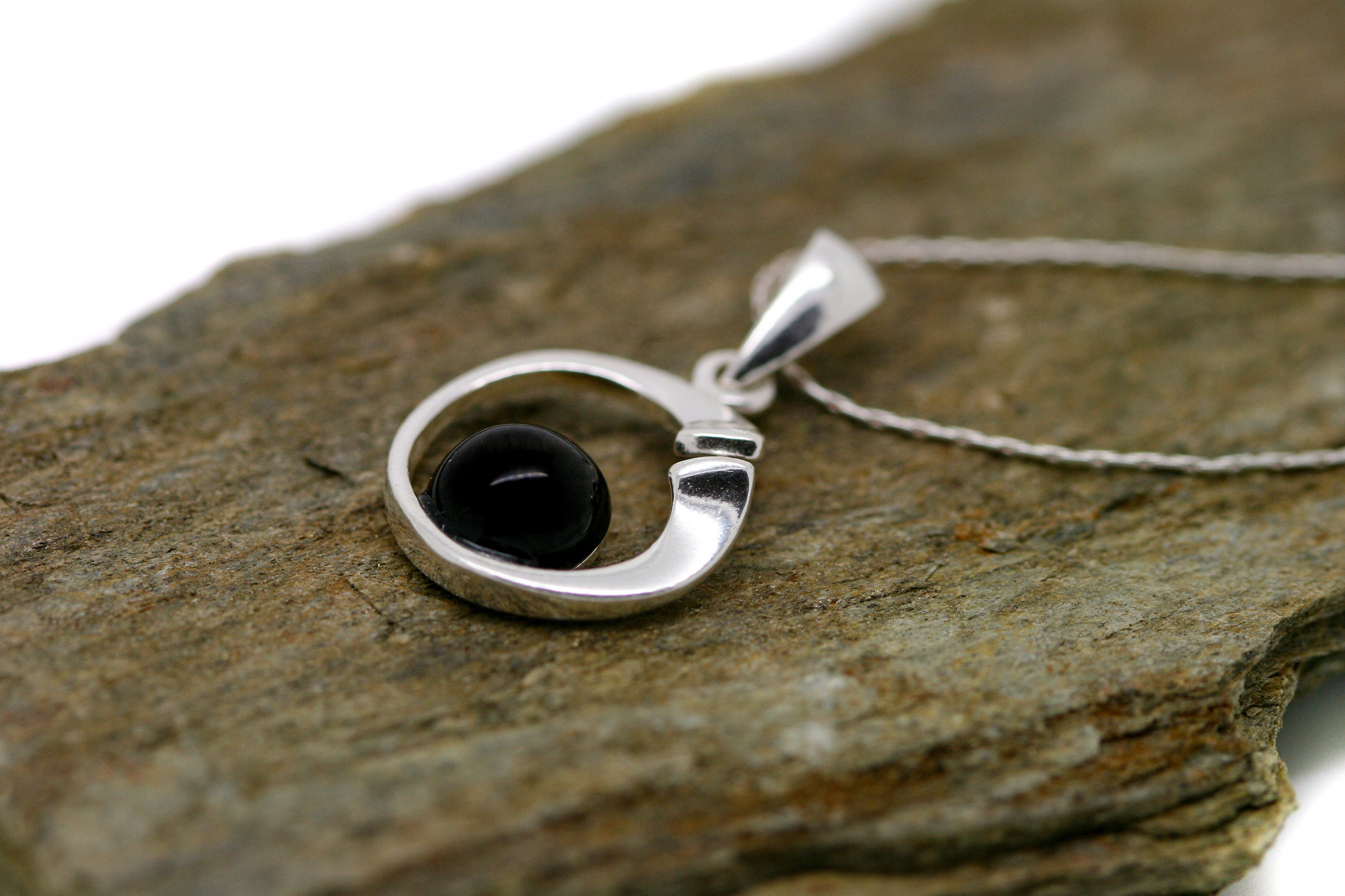 Classic Whitby Jet Pendant. Sterling Silver Necklace, Original British jewelllery. Contemporary