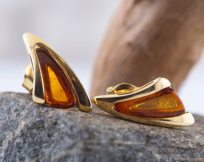 Amber & Gold. Baltic amber earrings. Gold earrings. Perfect gift for her. Amber jewelry. Handmade jewelry. Modern jewelry. Stud earrings.