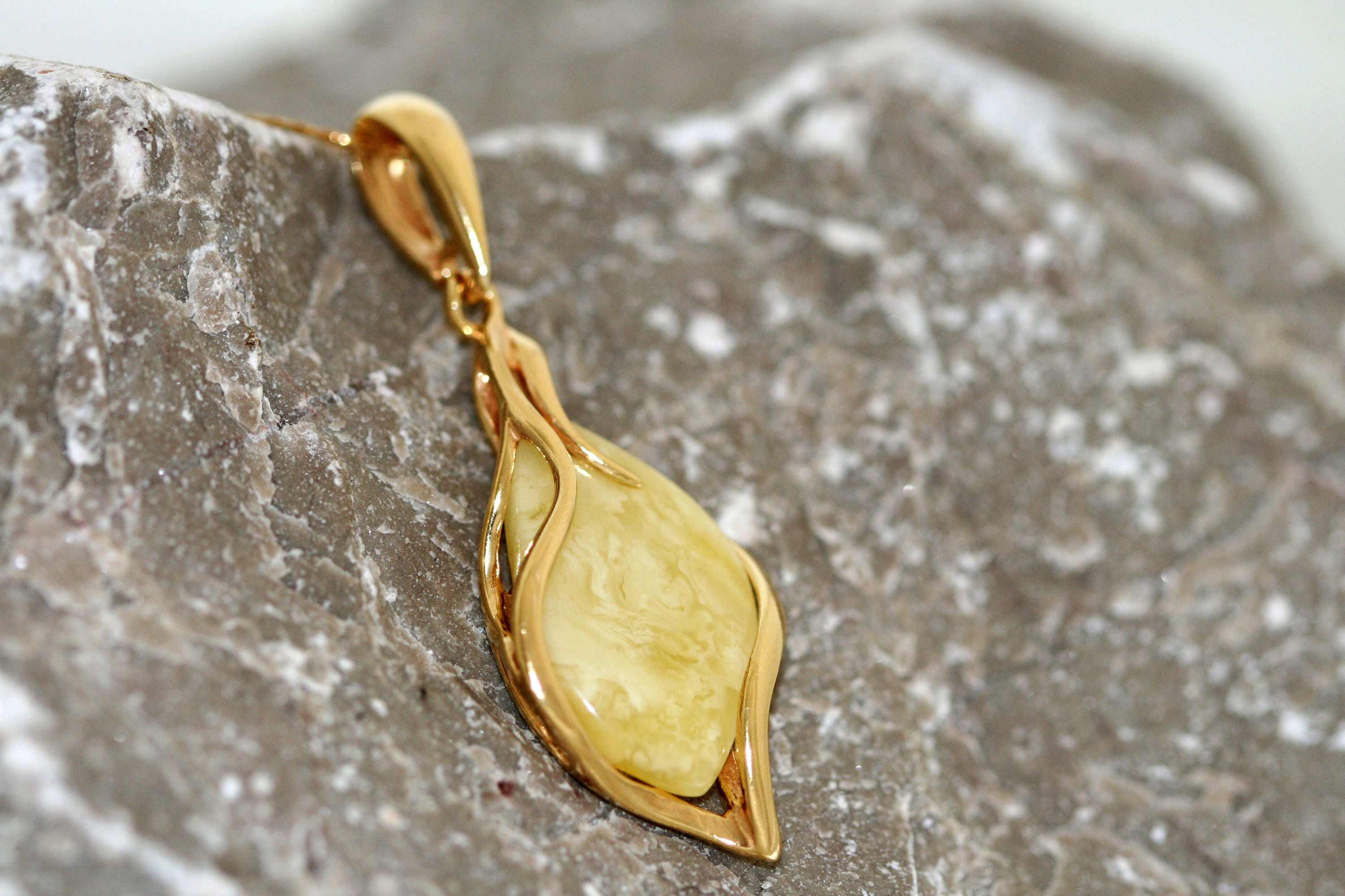 Original Milky Amber Pendant. Baltic amber fitted in 14 CT Gold plated sterling silver setting