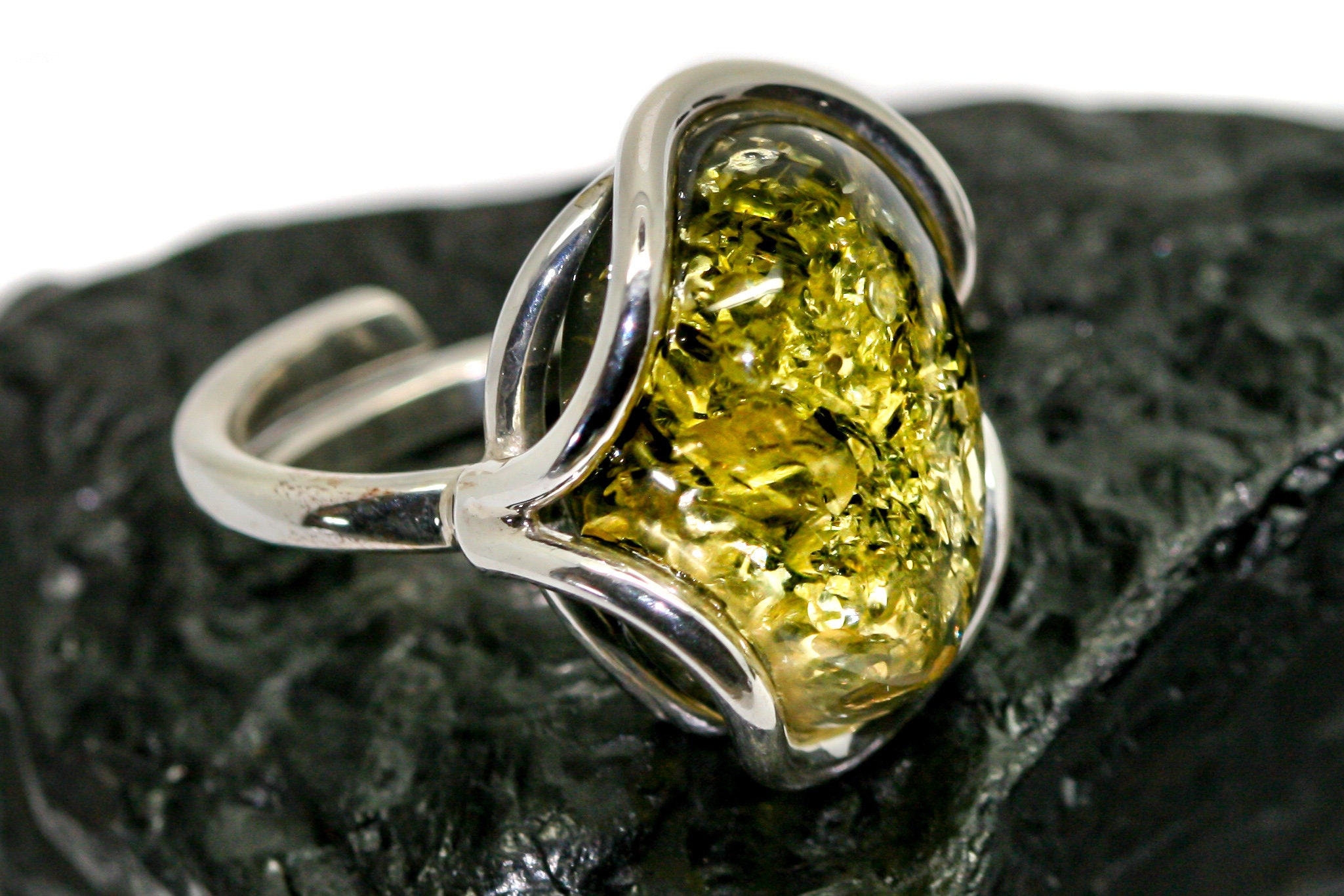 Baltic amber ring. Green Baltic amber & sterling silver, unique ring