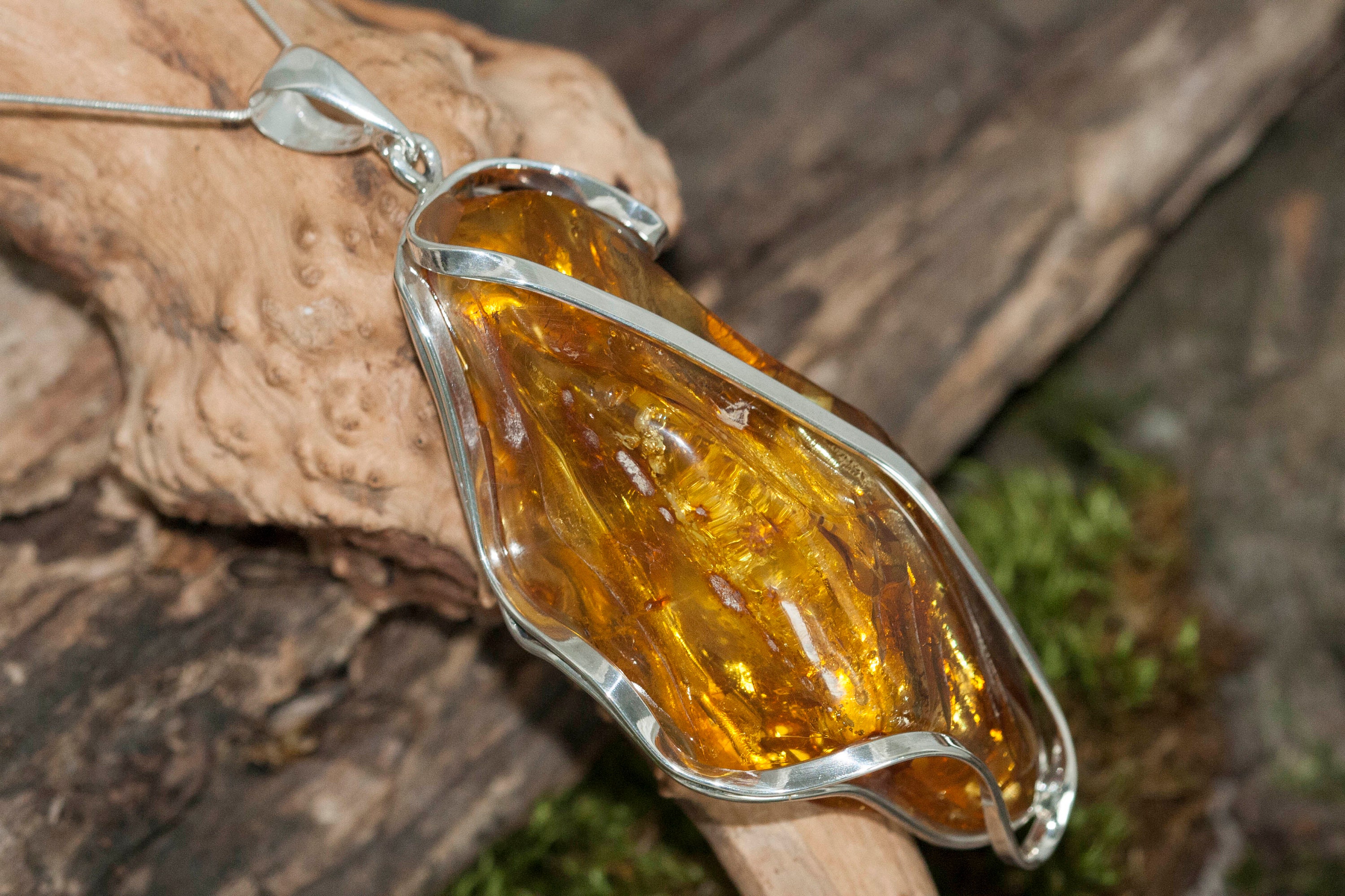 Large Amber Pendant in Sterling Silver. Amber necklace, silver pendant