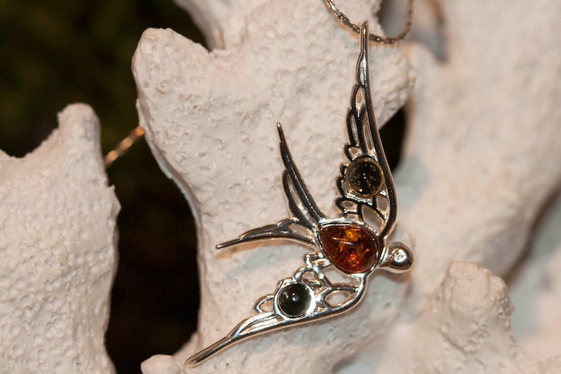 Swallow pendant silver jewelry Amber necklace Baltic Amber jewelry Swallow pendant in Sterling Silver gift Silver necklace