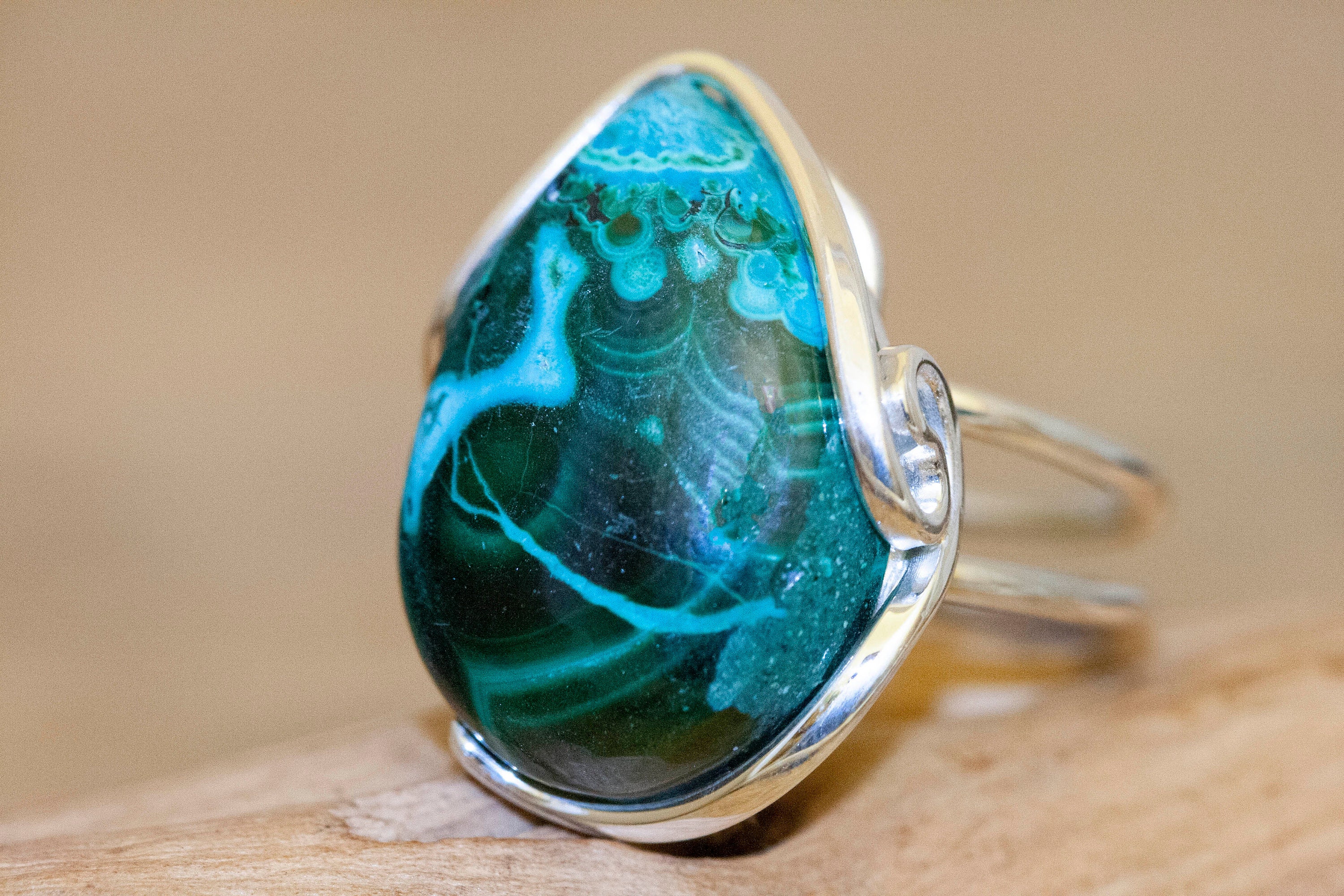 Chrysocolla fitted in sterling silver setting. Silver ring, big ring
