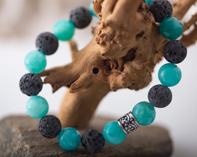 Amazonite, Lava & Sterling Silver. Unique bracelet. Gift for him. Blue bracelet. Handmade. Unisex.  Solid, unbreakable stretch. Male gift.
