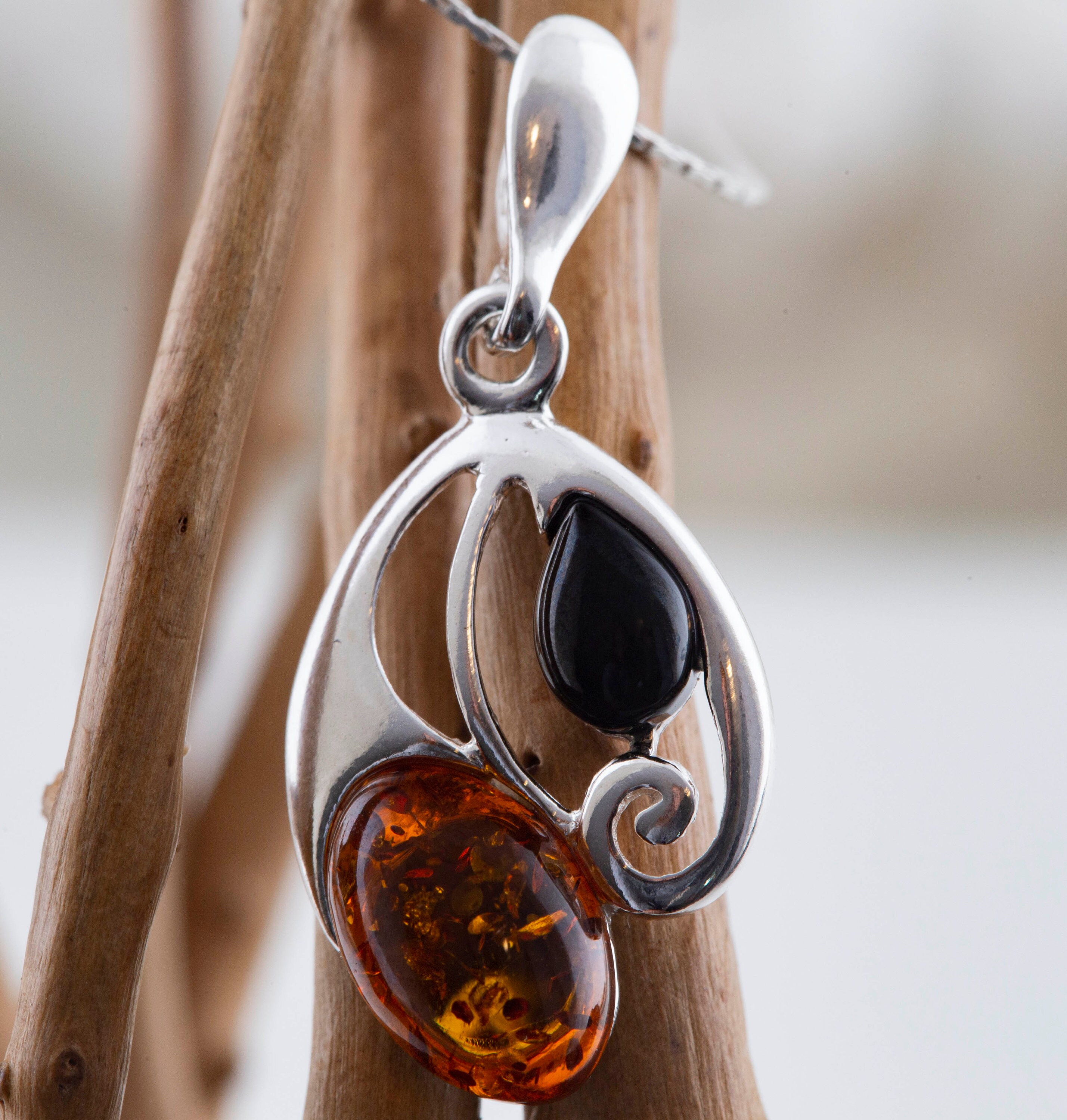 Whitby Jet and Amber pendant. Sterling Silver Pendant. British 