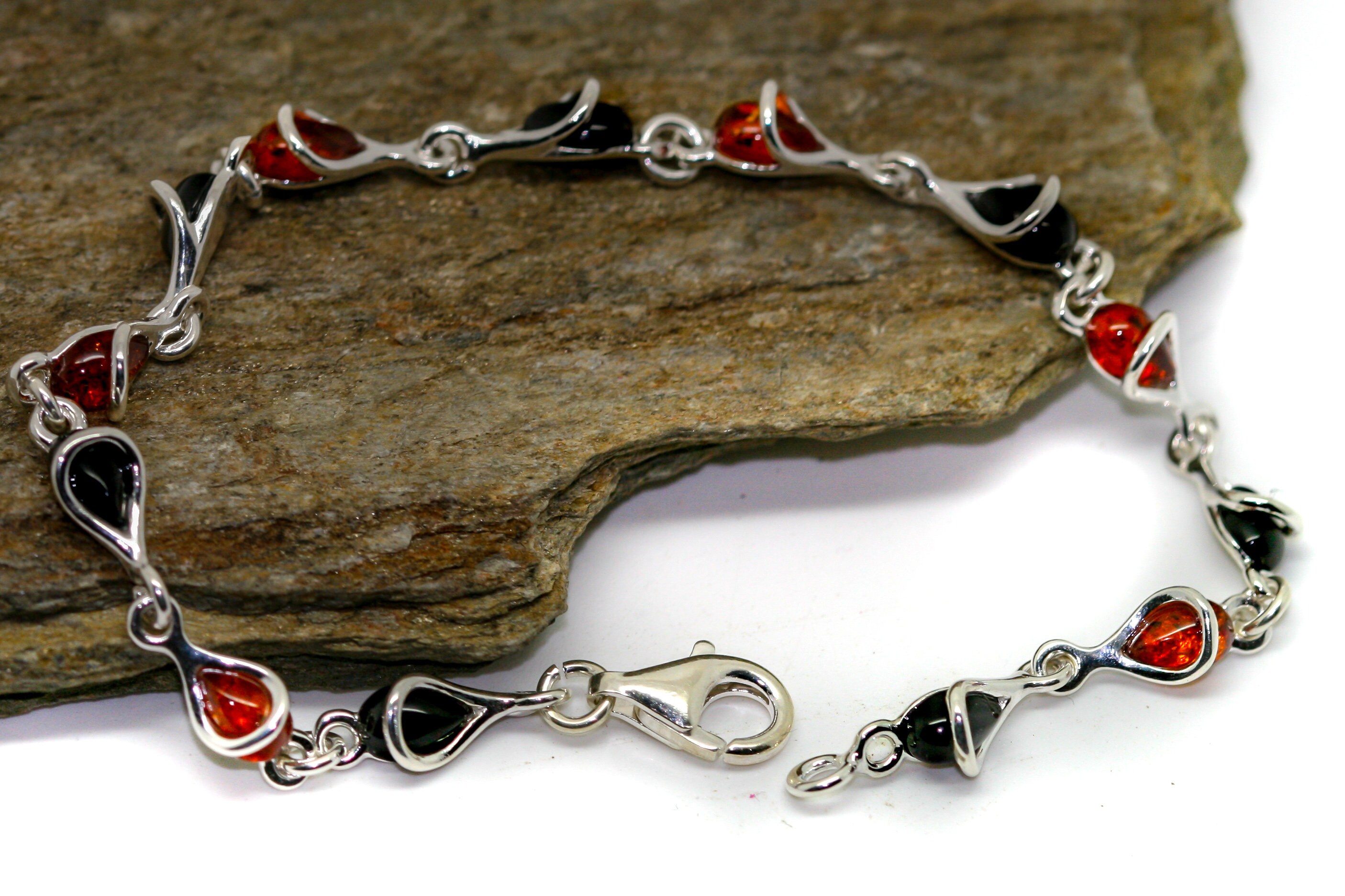 Whitby Jet and Amber bracelet. Sterling Silver Bracelet, British