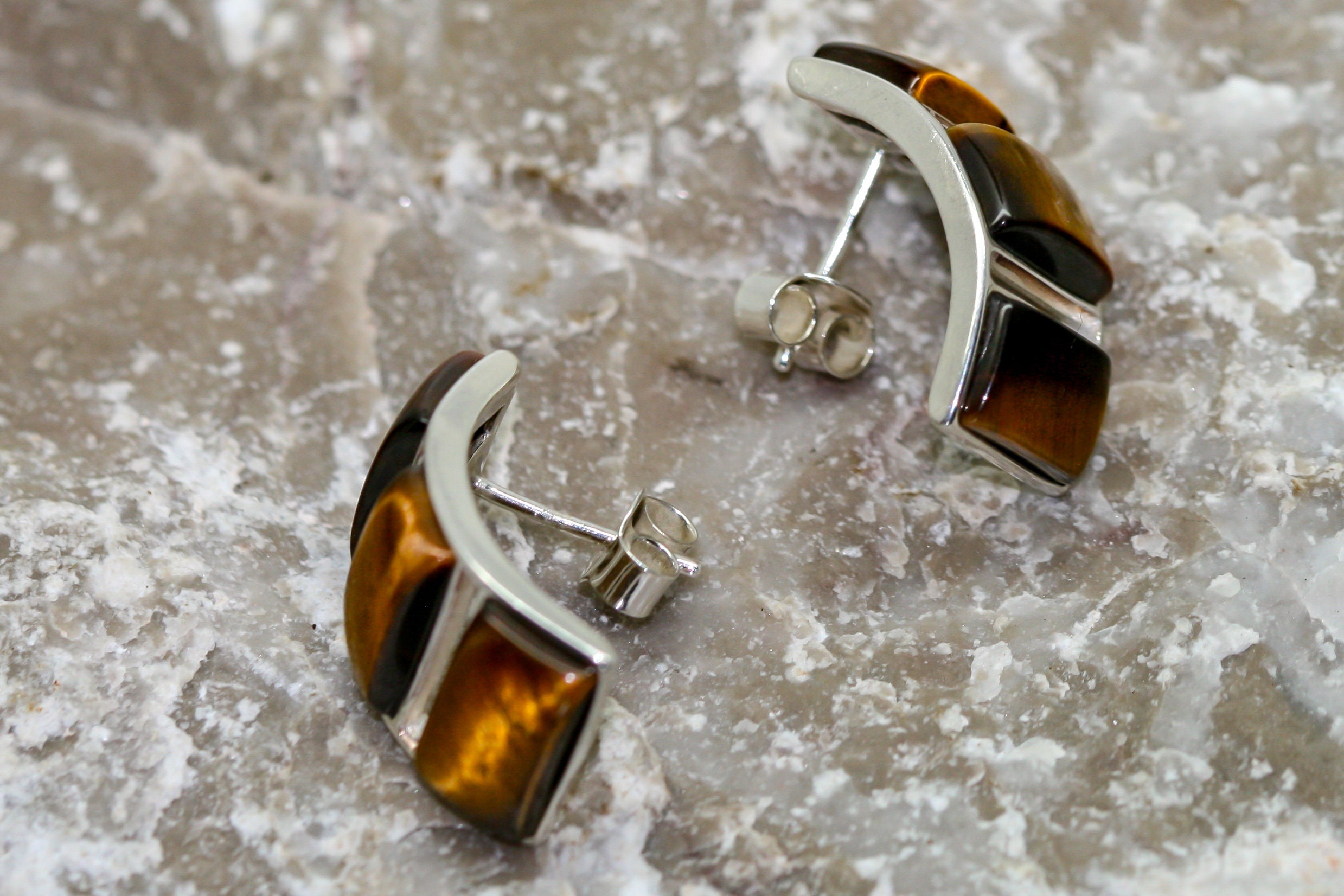 Tiger Eye earrings fitted in Sterling Silver setting. Perfect gift for ...