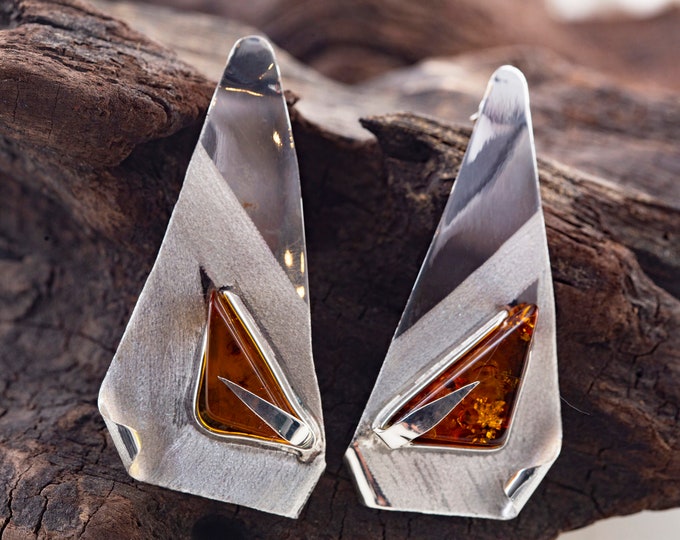 Cognac Amber Earrings fitted in Sterling Silver setting. Dangle earrings. Elegant earrings. Designer earrings. Unique jewelry. Artistic.