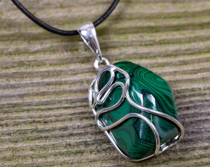 Malachite Pendant in Sterling Silver. Designer pendant. Unique. Elegant pendant. Contemporary jewelry. Malachite jewelry. Genuine malachite.