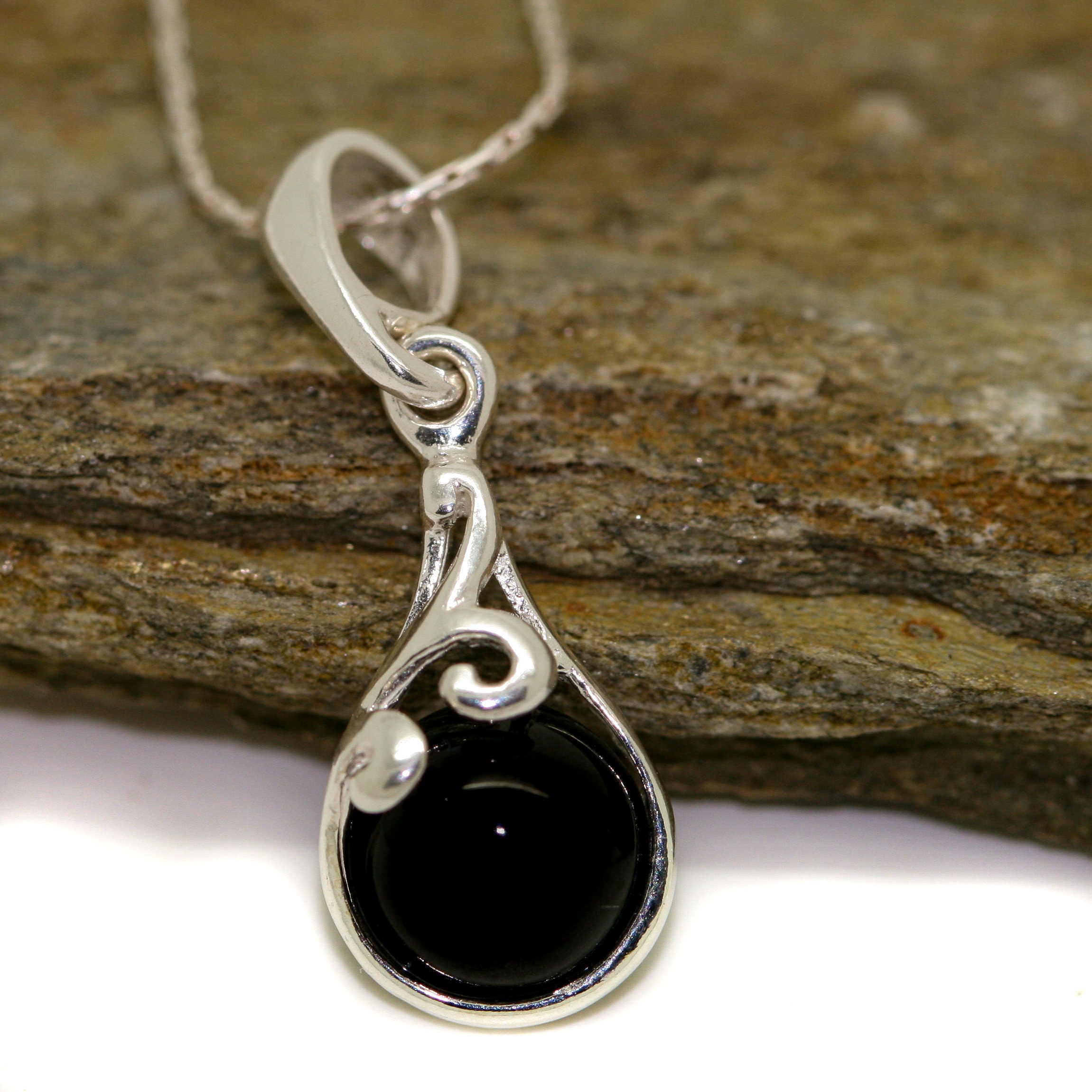 Splendid Whitby Jet Pendant. Sterling Silver Necklace, Original British 