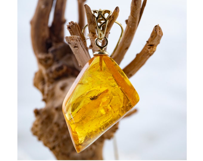 Amber & Gold. Baltic amber pendant with fly. Golden pendant. Contemporary pendant. Unique jewelry. Elegant pendant. Designer pendant.