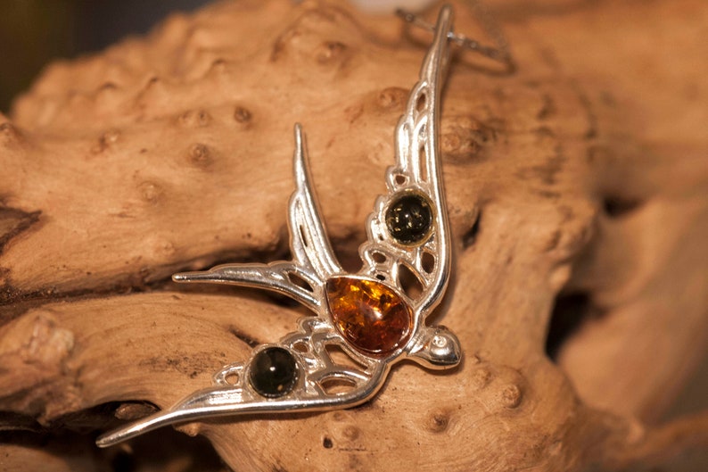 Swallow pendant silver jewelry Amber necklace Baltic Amber jewelry Swallow pendant in Sterling Silver gift Silver necklace
