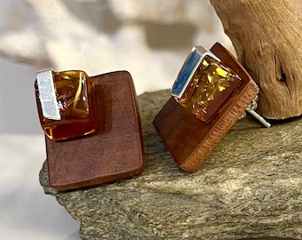 Cognac amber & wood earrings. Organic jewelry. Designer studs Contemporary earrings. Unusual studs. Artistic jewelry. Unique studs.
