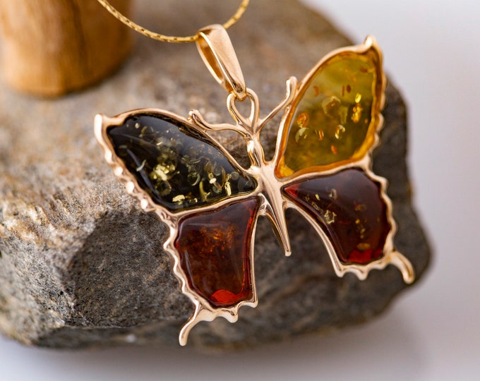 Amber and gold. Designer pendant. Amber pendant. Perfect gift. Butterfly pendant. Contemporary pendant. Elegant pendant. Unique pendant.