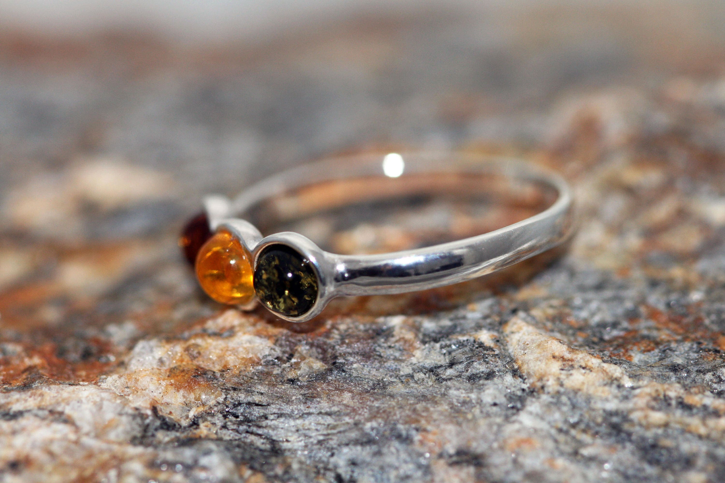 Baltic amber ring. Three kinds of Baltic amber & sterling silver