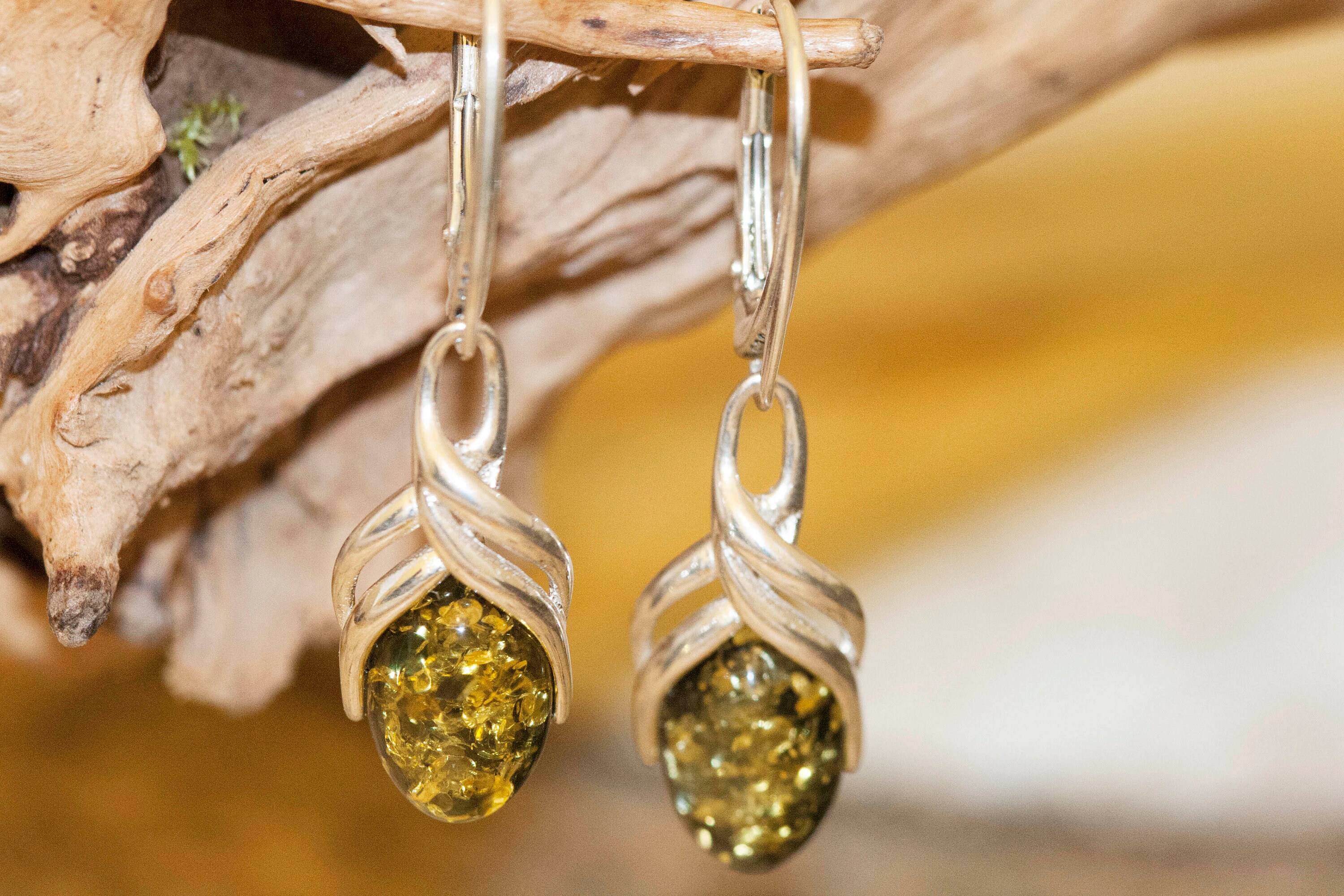 Green amber earrings. Sterling silver and green amber earrings. Dangle earrings. Long earrings