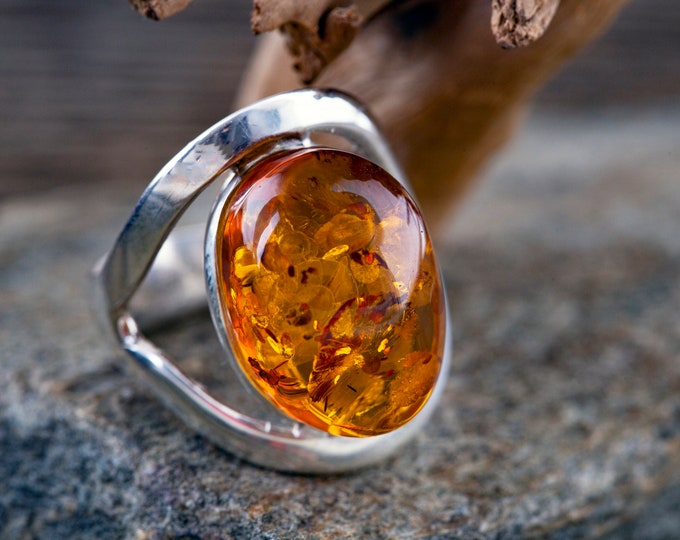 Cognac amber ring. Unique ring. Statement ring. Contemporary ring. Designer ring.  Elegant ring. Perfect gift. Modern ring.