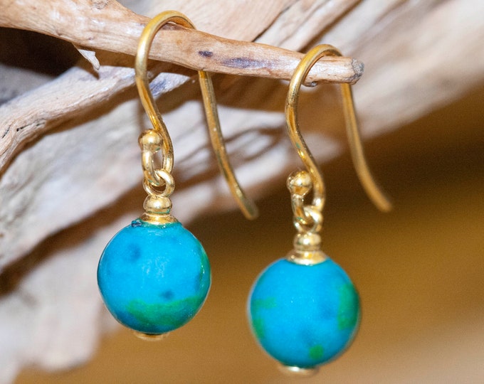 Chrysocolla earrings in gold.  Drop earrings. Designer jewelry. Contemporary jewelry.  Chrysocolla. Dangle earrings. Blue earrings.