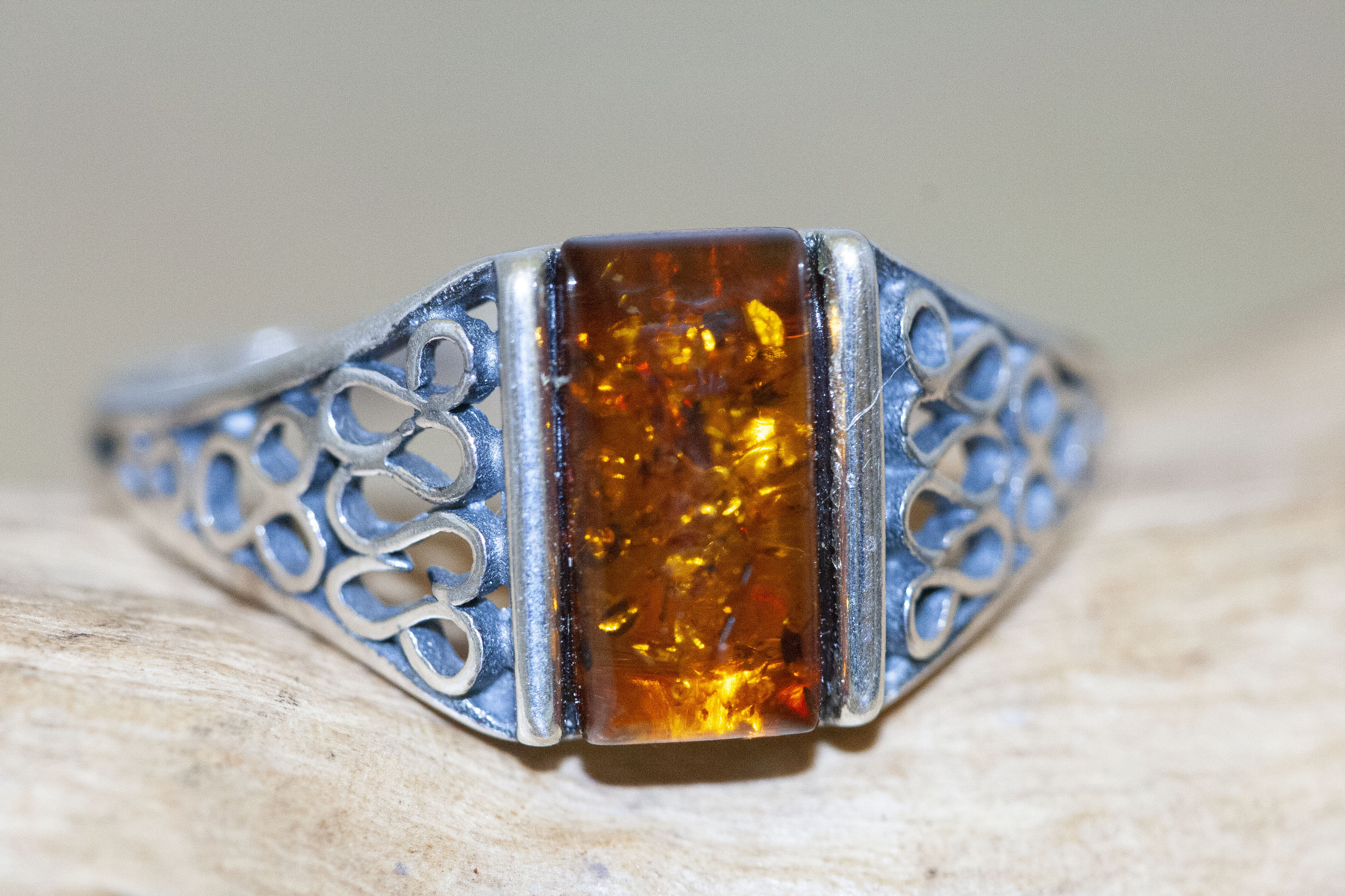 Baltic amber ring. Sterling silver setting. Silver band. Cognac amber